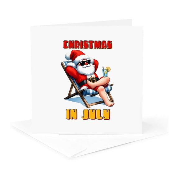 3drose, Funny Cartoon-style Santa Enjoys Sunshine. Christmas in July Gift, 1 Greeting Card with Envelope