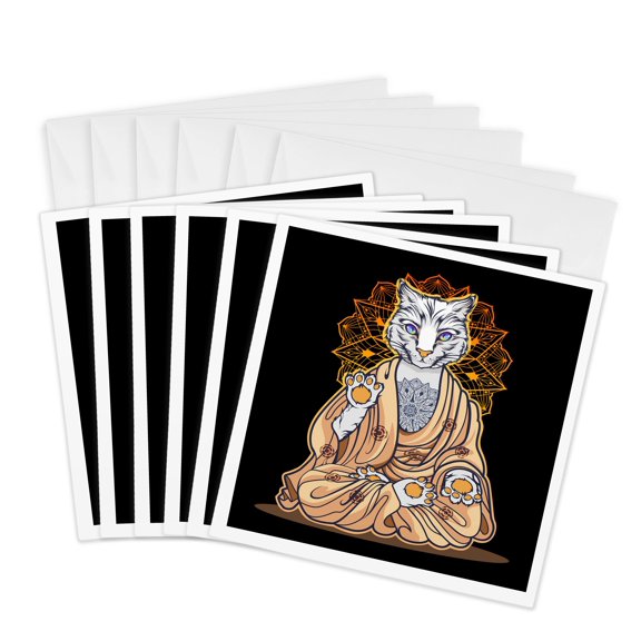 3drose, Funny Cat Kitten with Mandala Yoga Buddha Zen Yin Yang, 6 Greeting Cards with Envelopes