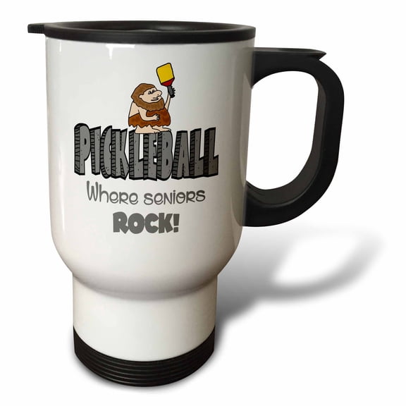 3drose, Funny Caveman with Paddle Playing Pickleball Seniors Rock, 14oz Stainless Steel Travel Mug