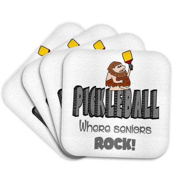 3drose, Funny Caveman with Paddle Playing Pickleball Seniors Rock, Set of 4 Coasters - Cork