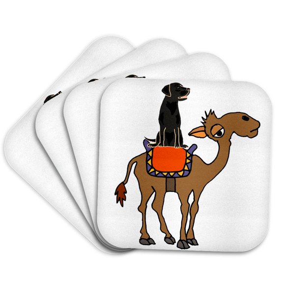 3drose, Funny Cool Black Labrador Retriever Riding Camel Cartoon, Set of 4 Coasters - Soft