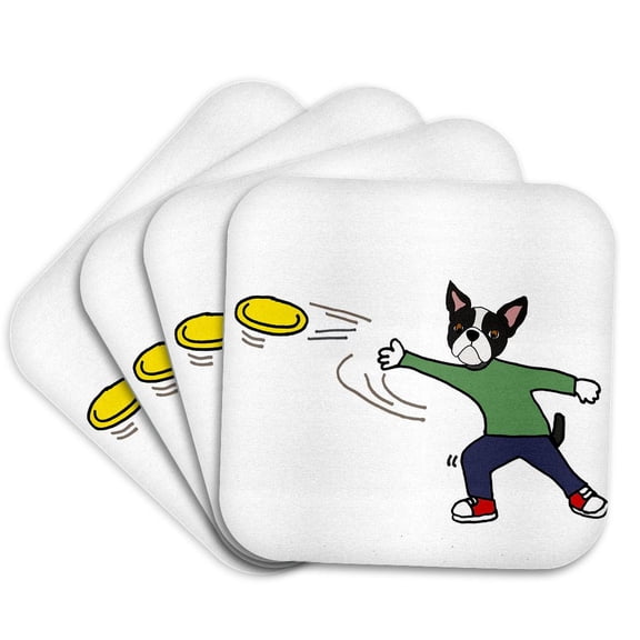 3drose, Funny Cool Boston Terrier Dog Throwing Frisbee Cartoon, Set of 4 Coasters - Soft