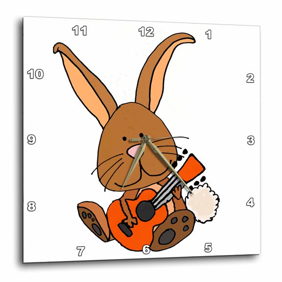 3drose, Funny Cool Brown Bunny Rabbit Playing Guitar Cartoon, 15x15 Wall Clock