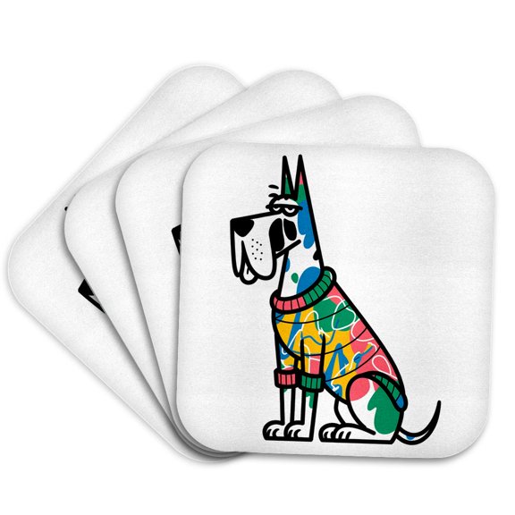 3drose, Funny Cool Colorful Great Dane Puppy Dog in Sweater Graffiti Abstract, Set of 4 Coasters - Cork