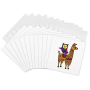 3drose, Funny Cool Colorful Owl Riding Llama Pop Art Cartoon, 12 Greeting Cards with Envelopes