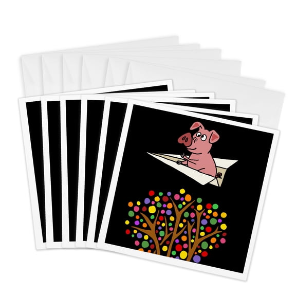 3drose, Funny Cool Flying Pig in Paper Airplane Cartoon, 6 Greeting Cards with Envelopes