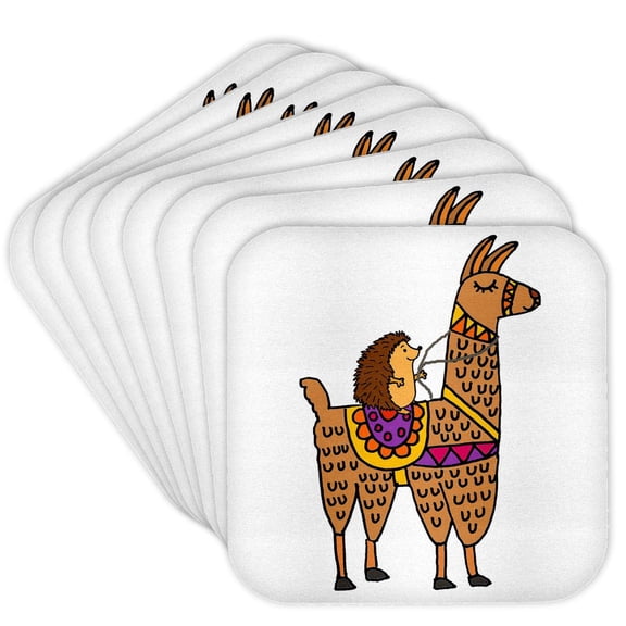 3drose, Funny Cool Hedgehog Riding Llama Cartoon, Set of 8 Coasters - Soft
