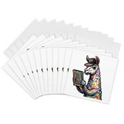 3drose, Funny Cool Llama Reading with Electronic Reader Book Graffiti Abstract, 12 Greeting Cards with Envelopes