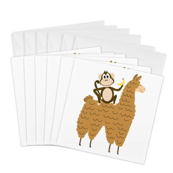 3drose, Funny Cool Monkey Eating a Banana and Riding a Llama, 6 Greeting Cards with Envelopes