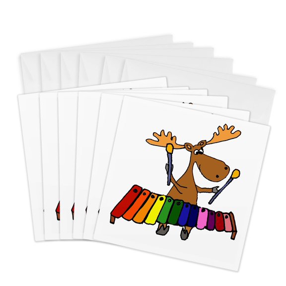 3drose, Funny Cool Moose Playing Xylophone Music Cartoon, 6 Greeting Cards with Envelopes