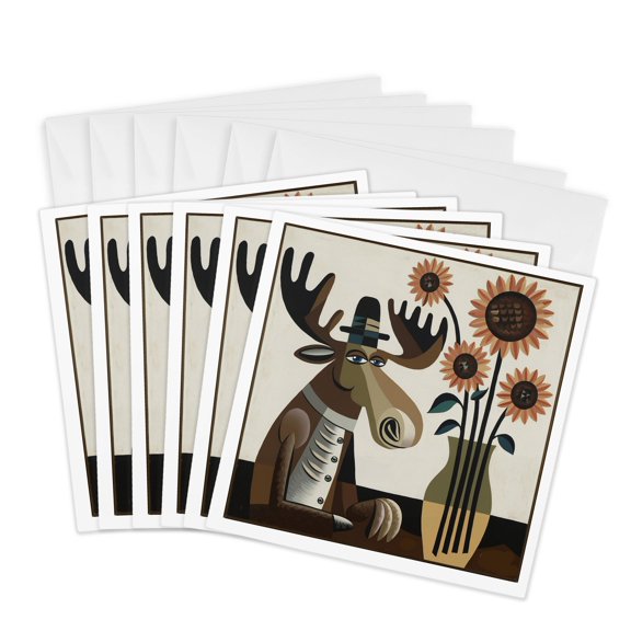 3drose, Funny Cool Moose with Sunflowers in Vase Animals Cubism Abstract, 6 Greeting Cards with Envelopes