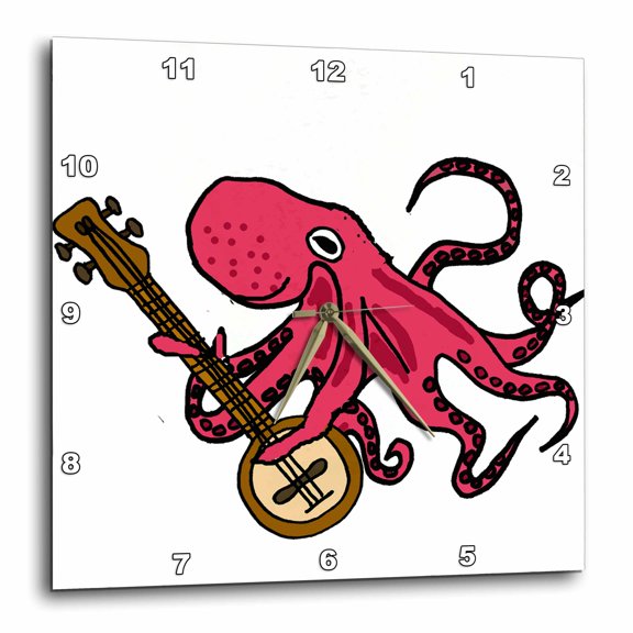3drose, Funny Cool Octopus Playing Banjo Cartoon, 10x10 Wall Clock