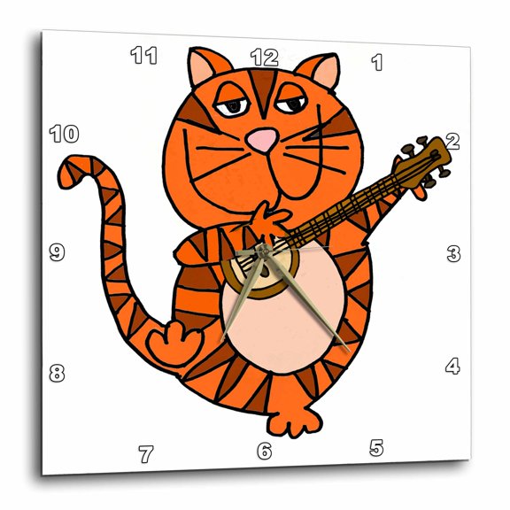 3drose, Funny Cool Orange Tabby Cat Playing Banjo Cartoon, 13x13 Wall Clock