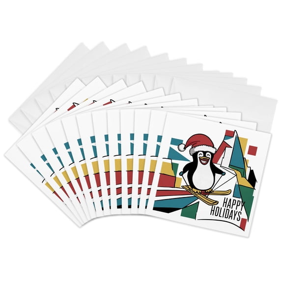 3drose, Funny Cool Penguin Skiing Happy Holidays Christmas Holiday Abstract, 12 Greeting Cards with Envelopes