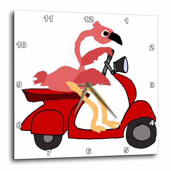 3drose, Funny Cool Pink Flamingo Bird Riding Red Motor Scooter Art, 10x10 Wall Clock