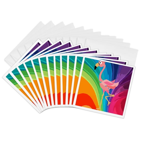 3drose, Funny Cool Pink Flamingo Bird and Rainbow Abstract Art, 12 Greeting Cards with Envelopes