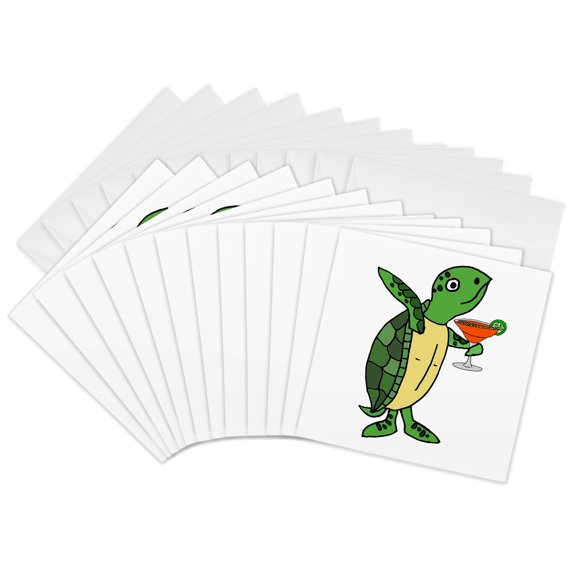 3drose, Funny Cool Sea Turtle Drinking Margarita Cartoon, 12 Greeting Cards with Envelopes