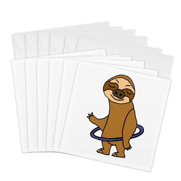 3drose, Funny Cool Sloth Playing Hula Hoop Cartoon, 6 Greeting Cards with Envelopes