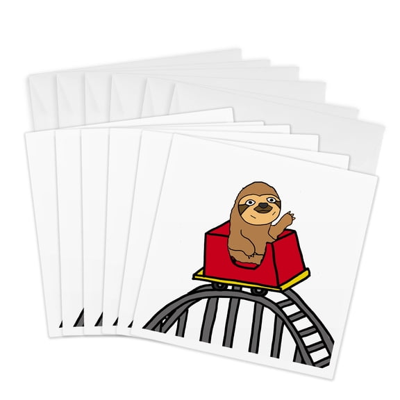 3drose, Funny Cool Sloth Riding Roller Coaster Cartoon, 6 Greeting Cards with Envelopes