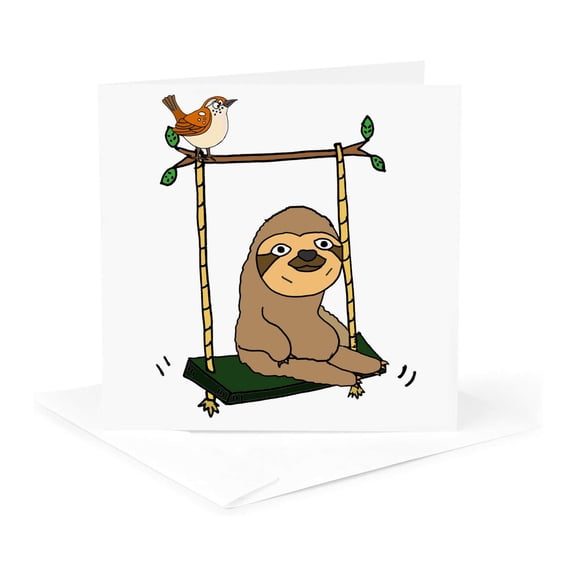 3drose, Funny Cool Sloth and Wren Bird on Swing Cartoon, 1 Greeting Card with Envelope