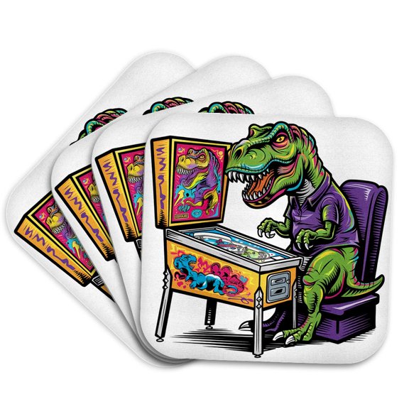 3drose, Funny Cool T-rex Dinosaur Playing Pinball Machine Game Graffiti Art, Set of 4 Coasters - Cork