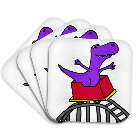 3drose, Funny Cool T-rex Dinosaur Riding Roller Coaster Cartoon, Set of 4 Coasters - Soft