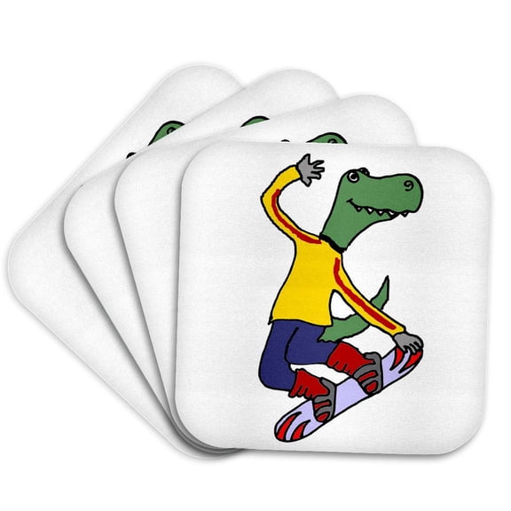3drose, Funny Cool T-rex Dinosaur Snowboarding Cartoon, Set of 4 Coasters - Soft