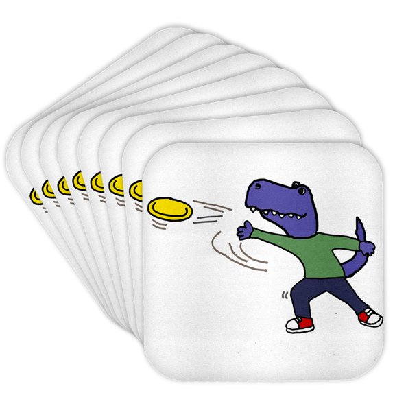 3drose, Funny Cool T-rex Dinosaur Throwing Frisbee Cartoon, Set of 8 Coasters - Soft