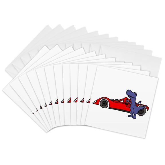 3drose, Funny Cool T-rex Dinosaur by Red Race Car Cartoon, 12 Greeting Cards with Envelopes