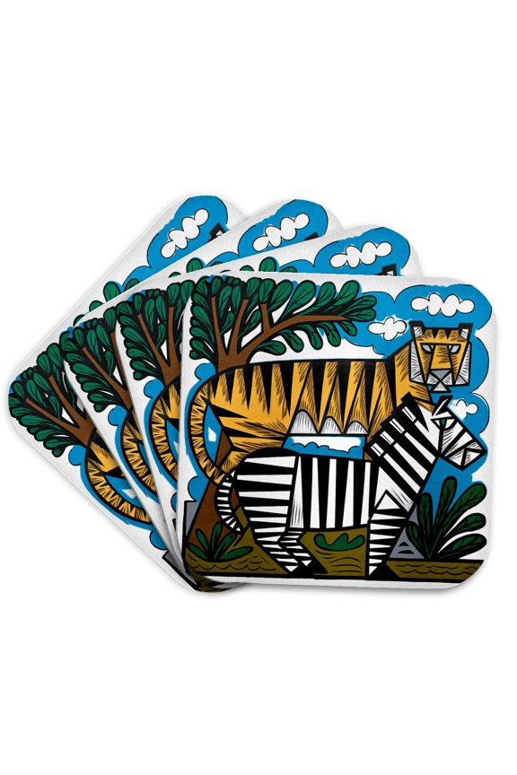 , Funny Cool Zebra and Tiger Cat Jungle Animal Abstract, Set of 4 Coasters - Cork