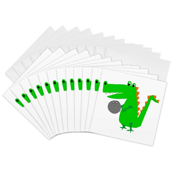 3drose, Funny Cute Alligator Bowling Primitive Art Cartoon, 12 Greeting Cards with Envelopes