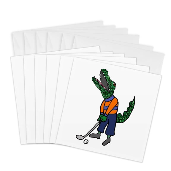 3drose, Funny Cute Alligator Playing Golf Sports Cartoon, 6 Greeting Cards with Envelopes