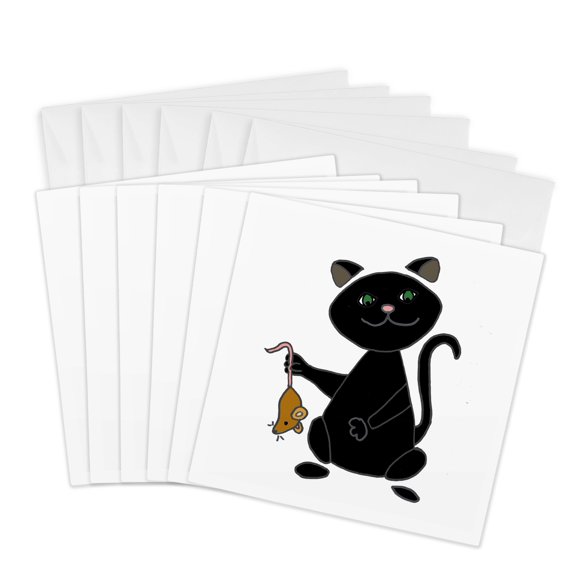 3drose, Funny Cute Black Cat Holding Brown Mouse Cartoon, 6 Greeting Cards with Envelopes