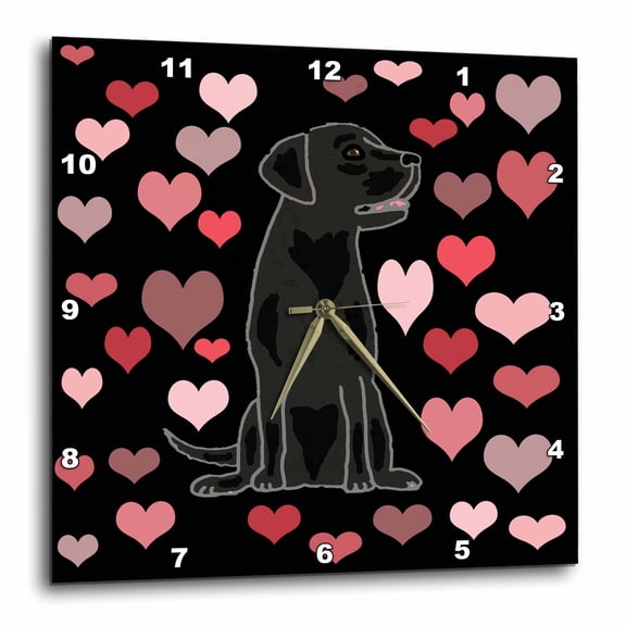 3drose, Funny Cute Black Labrador Dog and Heart Love Pattern Abstract, 15x15 Wall Clock