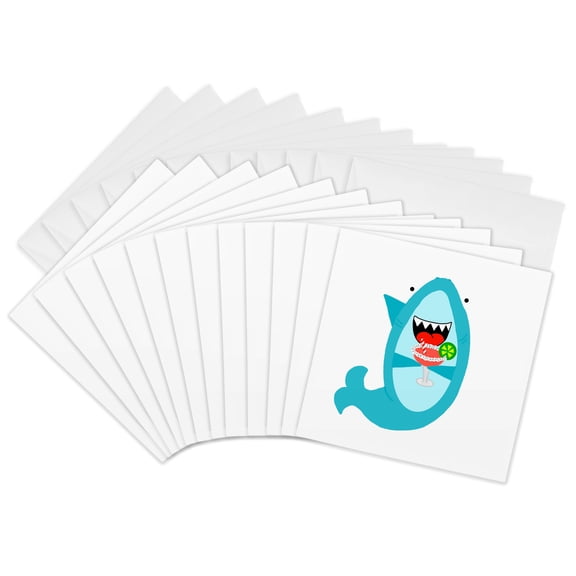 3drose, Funny Cute Blue Shark Drinking a Delicious Strawberry Margarita, 12 Greeting Cards with Envelopes