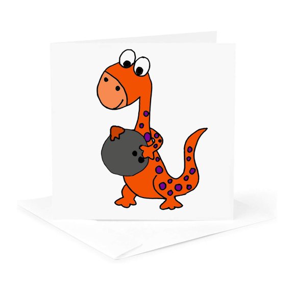 3drose, Funny Cute Brontosaurus Dinosaur Bowling Cartoon, 1 Greeting Card with Envelope