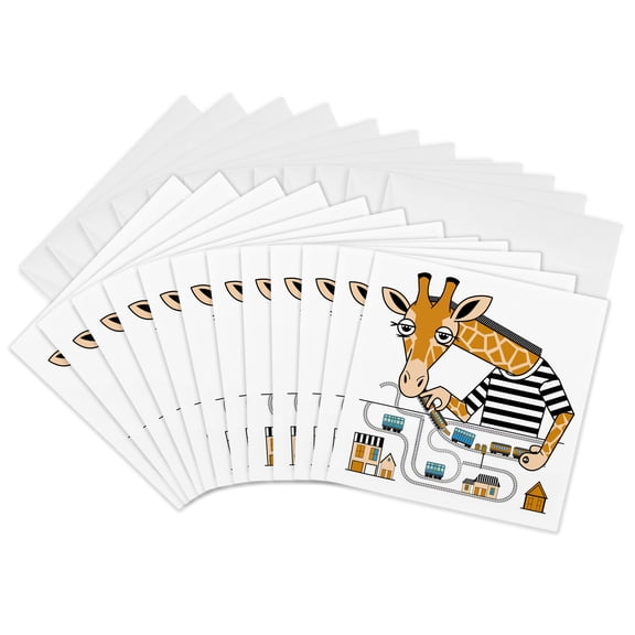 3drose, Funny Cute Colorful Giraffe Playing with Model Train Set Animals, 12 Greeting Cards with Envelopes