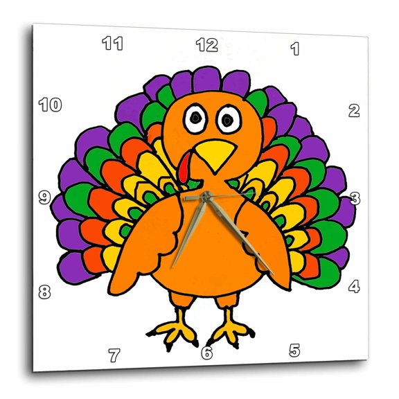 3drose, Funny Cute Colorful Turkey Cartoon, 13x13 Wall Clock