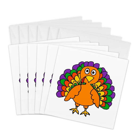 3drose, Funny Cute Colorful Turkey Cartoon, 6 Greeting Cards with Envelopes