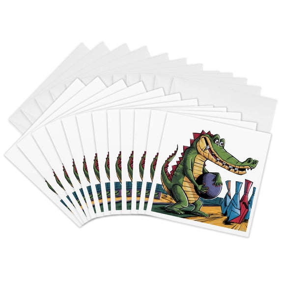 3drose, Funny Cute Cool Colorful Abstract Alligator Bowling Sports, 12 Greeting Cards with Envelopes