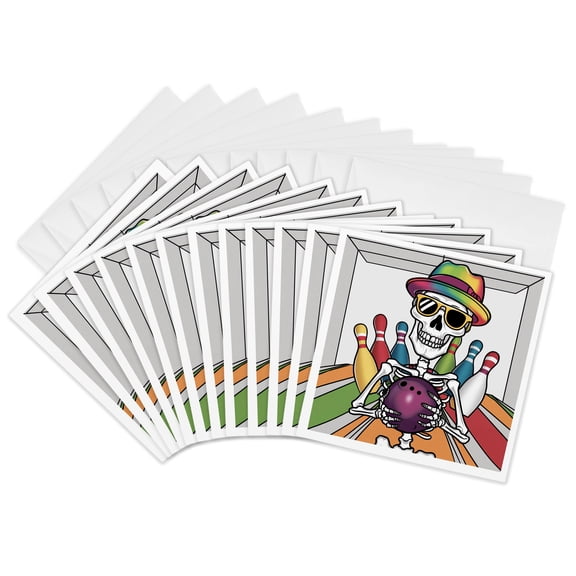 3drose, Funny Cute Cool Colorful Abstract Skeleton Bowling Sports, 12 Greeting Cards with Envelopes