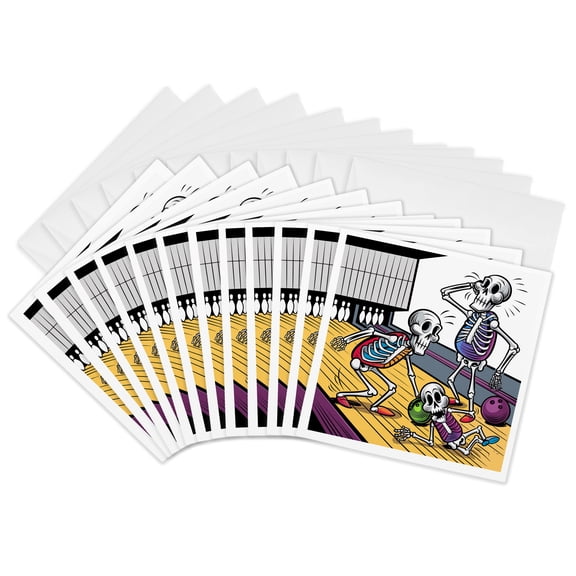 3drose, Funny Cute Cool Colorful Abstract Skeletons and Skulls Bowling Sports, 12 Greeting Cards with Envelopes