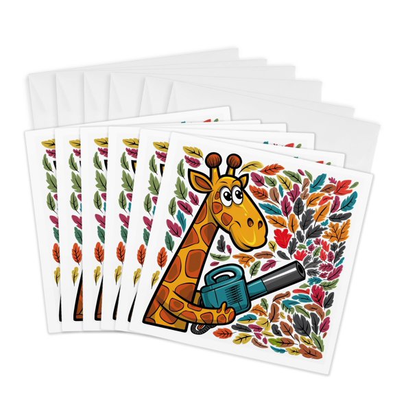 3drose, Funny Cute Cool Giraffe Using Leaf Blower for Fall Leaves Abstract, 6 Greeting Cards with Envelopes