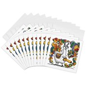 3drose, Funny Cute Cool Llama Using Leaf Blower for Autum Leaves Abstract Art, 12 Greeting Cards with Envelopes