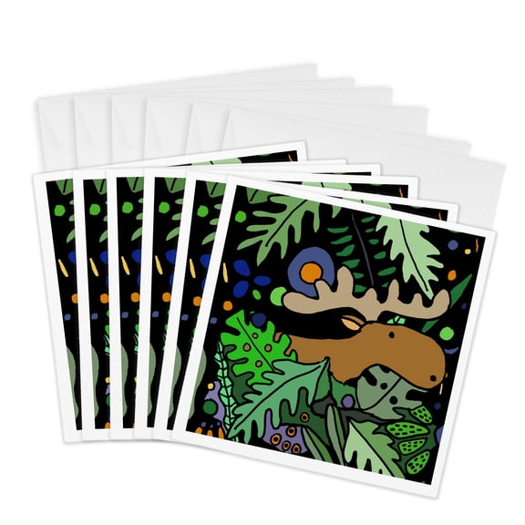 3drose, Funny Cute Cool Moose in the Forest Cartoon, 6 Greeting Cards with Envelopes