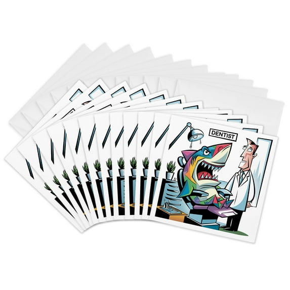 3drose, Funny Cute Cool Shark at the Dentist Dental Beach Satire Abstract, 12 Greeting Cards with Envelopes