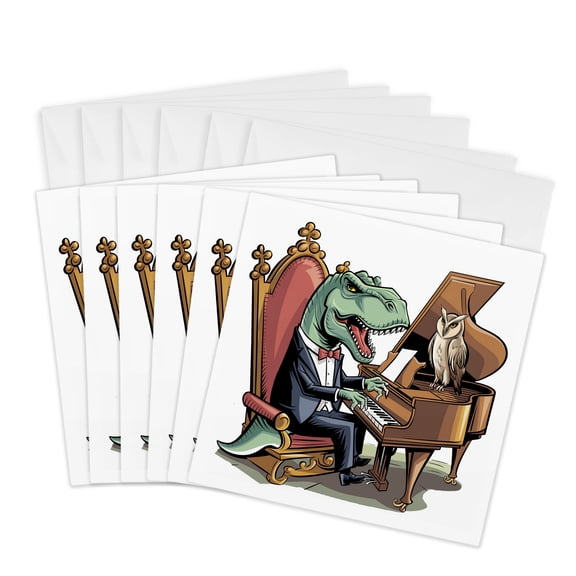 3drose, Funny Cute Cool T-rex Dinosaur Playing Piano and Owl Cubism Abstract, 6 Greeting Cards with Envelopes