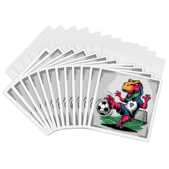3drose, Funny Cute Cool T-rex Dinosaur Playing Soccer Sports Abstract Player, 12 Greeting Cards with Envelopes