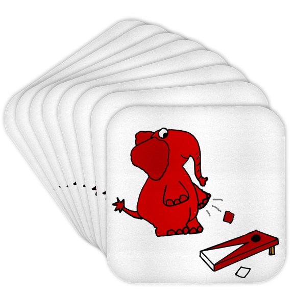 3drose, Funny Cute Elephant Playing Cornhole Game Sports Cartoon, Set of 8 Coasters - Cork
