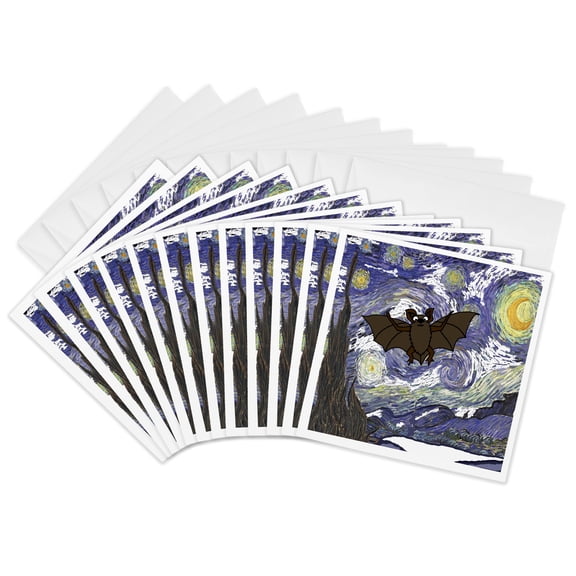 3drose, Funny Cute Flying Bat in Starry Night Van Gogh Art, 12 Greeting Cards with Envelopes